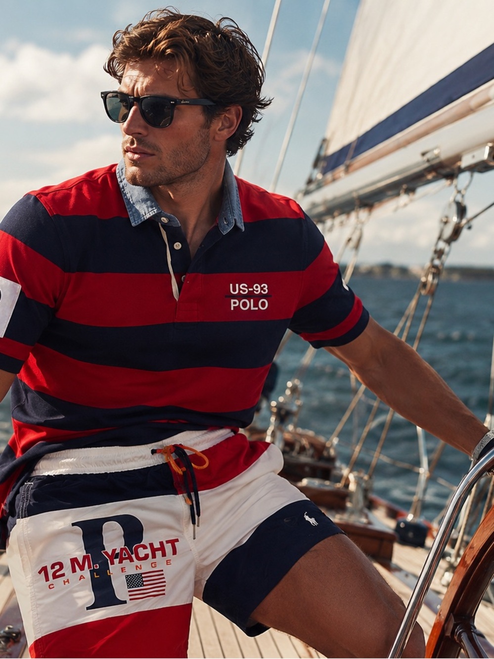 🆕 US-93 Polo Men's Red & Navy Stripe Rugby Shirt and 12 M Yacht Shorts SET